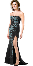  Strapless Velvet Floral Accent Beaded Evening Gown 