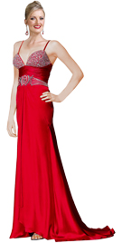 Beaded Ruched Waist Silky Satin Evening Gown