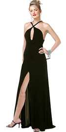 Matte jersey black gown with criss-cross mesh straps